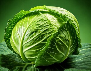  A round green cabbage with tightly packed, crinkled leaves and a fresh stem. AI Generative 