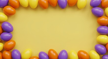 Colorful Easter Eggs Frame - Festive Easter border of purple, orange, and yellow eggs. Symbolizes spring, new beginnings, celebration, joy, and hope