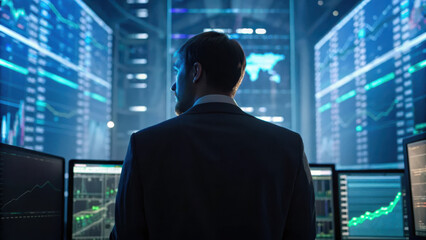 Fototapeta premium business professional analyzes data in modern office filled with screens displaying financial graphs and charts