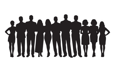 Vector silhouettes of men and a women, a group of standing business people, black color isolated on white background