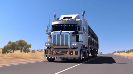 A sturdy truck navigating through vast landscapes under a clear blue sky in a realistic setting