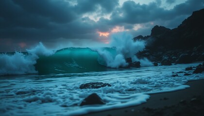 Obraz premium Turquoise waves crash on black rocks under a stormy, grey-lavender sky; shimmering bubbles in foam.