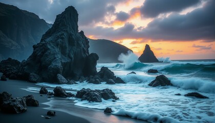 Dramatic sea stacks stand against a stormy ocean at twilight, showcasing layered basalt rock formations.