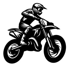 Extreme sport vector of a motocross rider performing a jump, designed with bold black and white lines. Great for action and sport graphics.