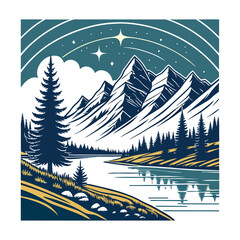 Fototapeta premium Mountain Landscape with Lake, T shirt logo, shirt design, Pine Trees, and Starry Night Sky - Vintage Style Vector Illustration .