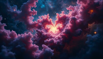 Obraz premium Swirling cosmic dust, nebula, coral reef patterns, newborn stars, violet gas clouds, gold filaments.