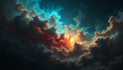 Fototapeta premium Nebula swirls with dust clouds; deep indigo, emerald green, burnt umber hues against dark space.