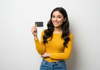Fototapeta premium Smiling woman in yellow shirt holding a black credit card against a plain white background showing card