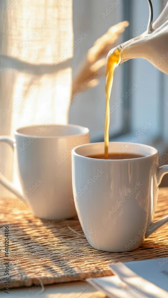 Aufkleber Two empty coffee cups on a wooden table with no other objects in sight, perfect for a minimalist interior or a morning setup.