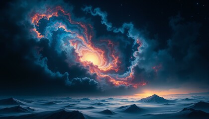 Fototapeta premium Cosmic nebula swirls with indigo, rose, and gold hues; starlight glows in deep space.