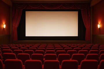 Fototapeta premium Empty movie theater with red chairs and large screen