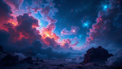 Swirling nebula dust creates coral-like formations in crimson, cobalt, violet, gold, and turquoise hues.