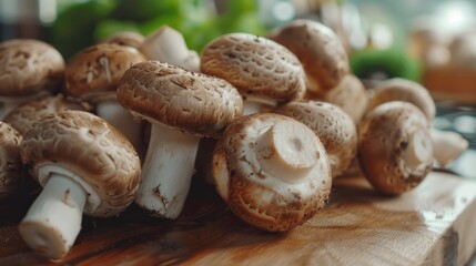 Fresh pile mushrooms on bowl at the wooden table