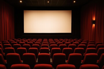Empty cinema hall with red seats and large screen