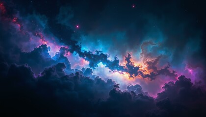 Fototapeta premium Cosmic dust swirls, nebulous colors of violet, crimson, teal, and ochre illuminate nascent stars.