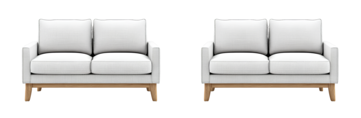 A two seater sofa with wooden legs light grey fabric texture transparent background PNG