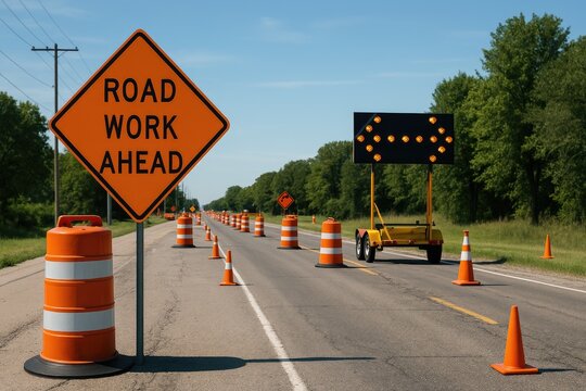 Road work ahead sign with construction cones along roadway