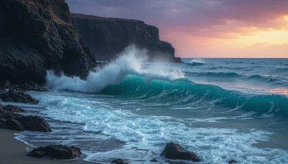 Turquoise ocean waves crash against a black cliff under a dramatic violet and gold sky.