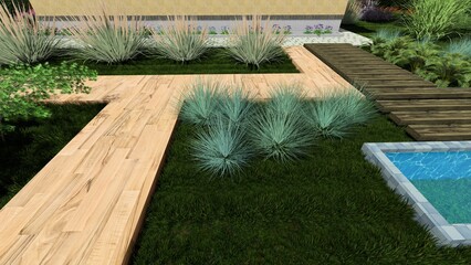 3d image of the landscape design of the home territory. Landscaping of the territory. Computer visualization of composite landscaping and landscaping solutions.	
