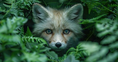 Fototapeta premium a magical Japanese white arctic fox hidden under a lush green tropical fern, warm thick jungle, Amazon, blue eyes, tiltshift, cinematic 