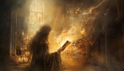 A secret underground library where books levitate and whisper their stories, and a scholar in a velvet robe selects a tome that glows in her hands