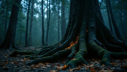 Gnarled roots, luminous moss, ancient trees, twilight forest, amber leaves, mystical atmosphere.