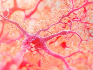 An AI-generated close-up of red mycelium texture, showcasing peach fuzz fabric with pink veins and spores against brain cells for a futuristic design.