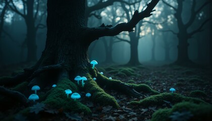 Fototapeta premium Ancient beech trees, luminous moss, glowing fungi, decaying leaves, shadowed glade, emerald green, sapphire hues.