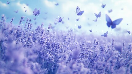 Fototapeta premium Purple Lavender Field With Butterflies Flying Underneath a Blue Sky