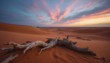 Fototapeta premium Vast ochre sand dunes ripple under a twilight sky, featuring petrified wood and aurora lights.