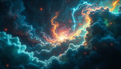 Obraz premium Cosmic nebula swirls with vibrant colors – indigo, blue, gold, green, and red—a celestial creation scene.