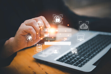 Cyber security and Security password login online concept Hands typing and entering username and password of social media, logging in with smartphone to an online bank account, data protection hacker.