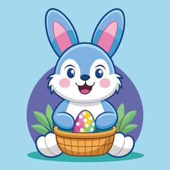 Cute cartoon easter bunny with colorful easter eggs on spring grass with flowers, a happy holiday illustration