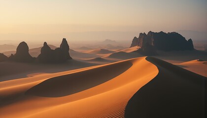 Vast sand dunes ripple under a blue sky, featuring ochre, sienna, black rocks, and golden light.