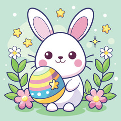 Cute cartoon easter bunny with colorful easter eggs on spring grass with flowers, a happy holiday illustration