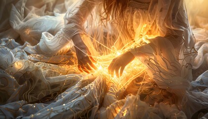 A mystical seamstress weaving dresses from golden threads of fate, her hands glowing as she stitches intricate patterns of destiny into the fabric