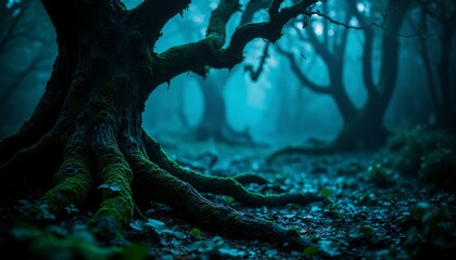 Fototapeta premium Ancient ironwood trees in a twilight forest with moss, fungi, and shimmering webs.