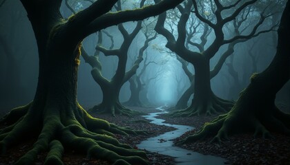 Obraz premium Ancient beech trees covered in moss form a twilight canopy over a forest floor of leaves and glowing fungi.