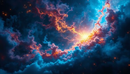 Cosmic nebula displays swirling dust clouds in blues, magentas, golds, and bronzes within space.