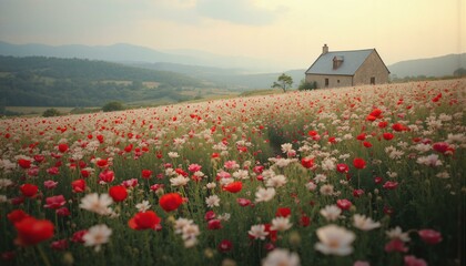 Flax field panorama; vibrant green blossoms, red poppies, lavender wildflowers, hazy sky, rustic cottage.