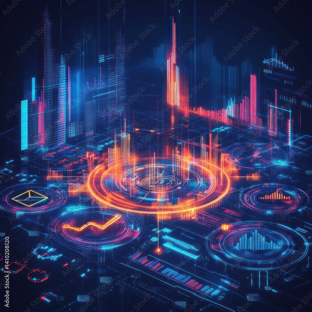 Poster a vibrant digital cityscape showcasing interconnected data streams and complex information visualiza