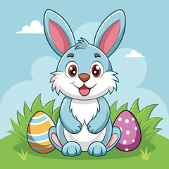 Cute cartoon bunny with pink ears and colorful Easter eggs for a happy spring holiday illustration