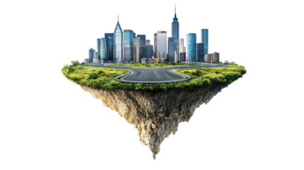 Surreal Flying Island with Road and Modern City Landscape on Transparency