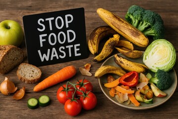 Fresh produce and sign urging to "Stop Food Waste"