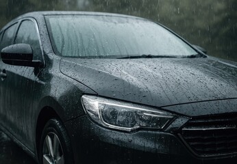 Obraz premium Black car in heavy rain with water droplets on windshield
