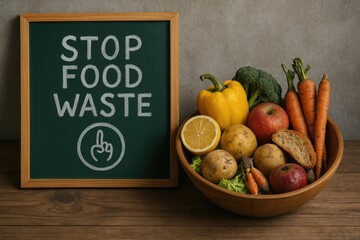 "Stop Food Waste" message with various vegetables and fruits in bowl