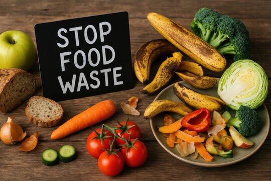 Fresh produce and sign urging to "Stop Food Waste"