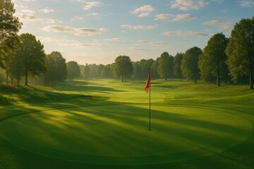 Obraz premium Serene golf course at sunrise with flag in view
