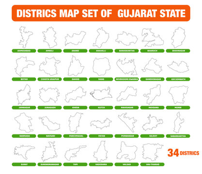 Vector Districts Outline Map Set of Gujarat State
