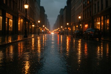 Fototapeta premium Rainy night on city street with wet pavement illuminated by streetlights